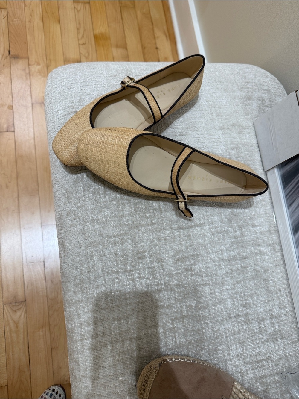 Marc Fisher Natural Straw Mary Jane Flats with Black Trim